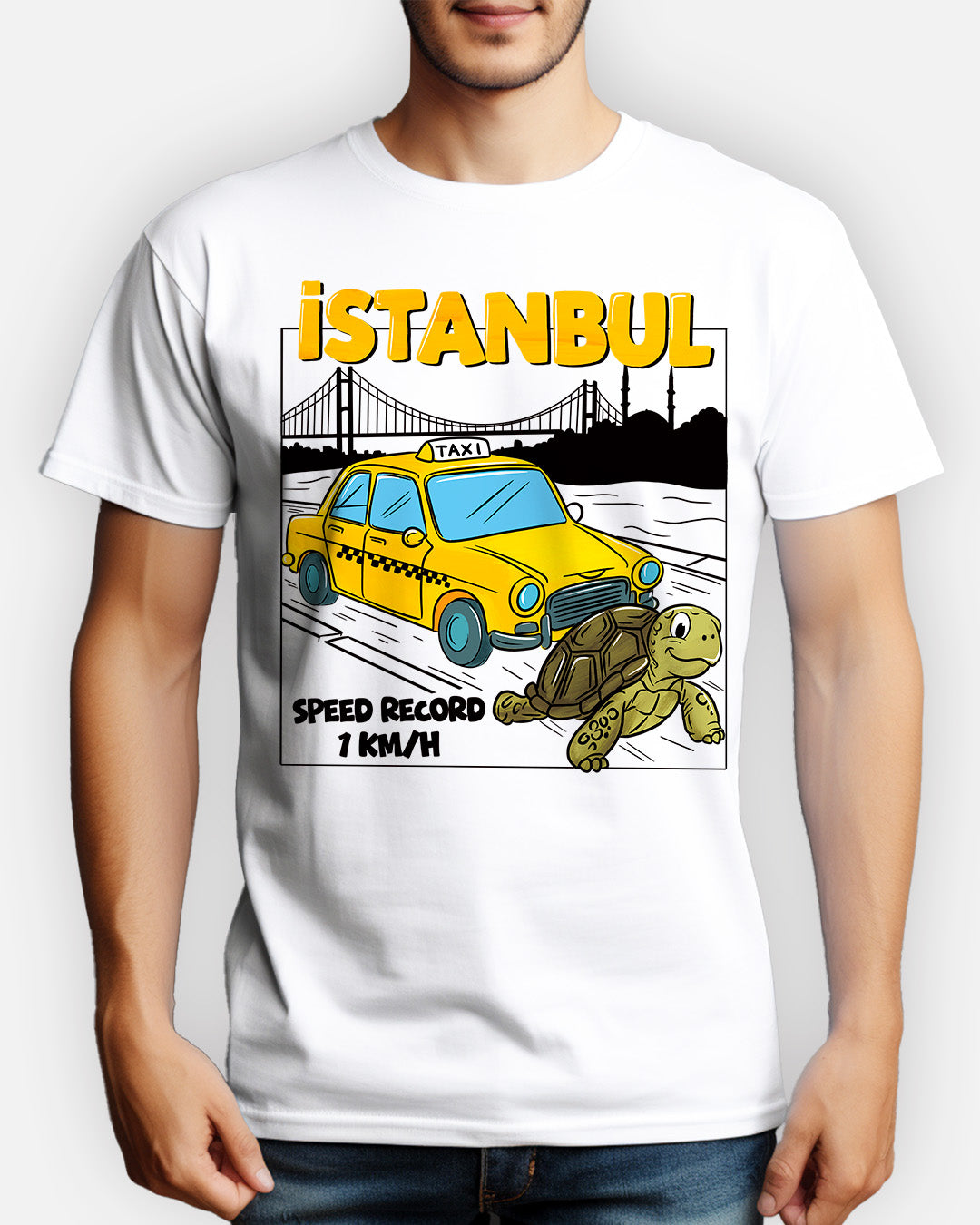Istanbul Humor T-Shirt - Turtle Challenging the Taxi