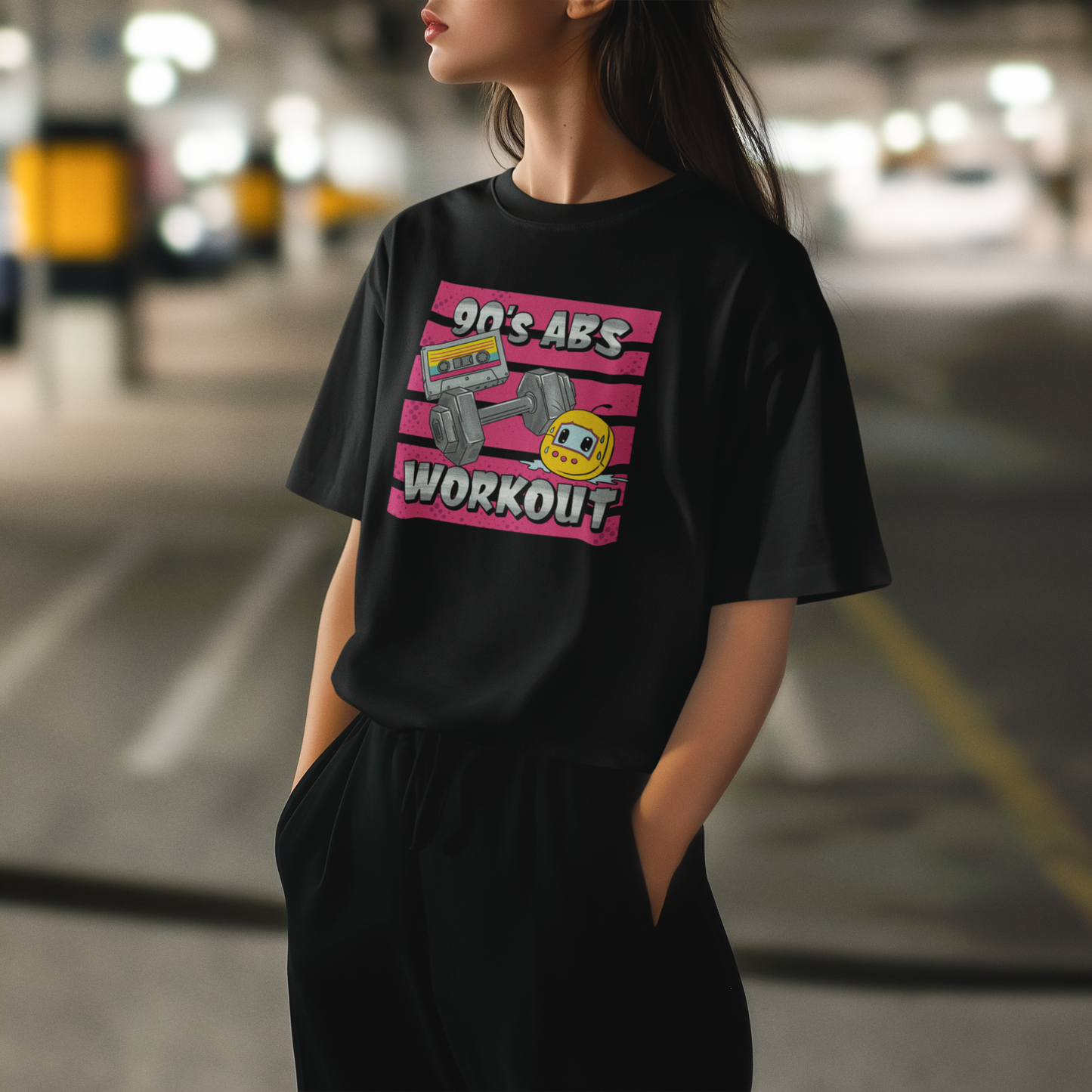 90’s Abs Workout – Mizahi 90’lar PopArt Tişört | Oversize | Retro Fitness Esintili Tasarım