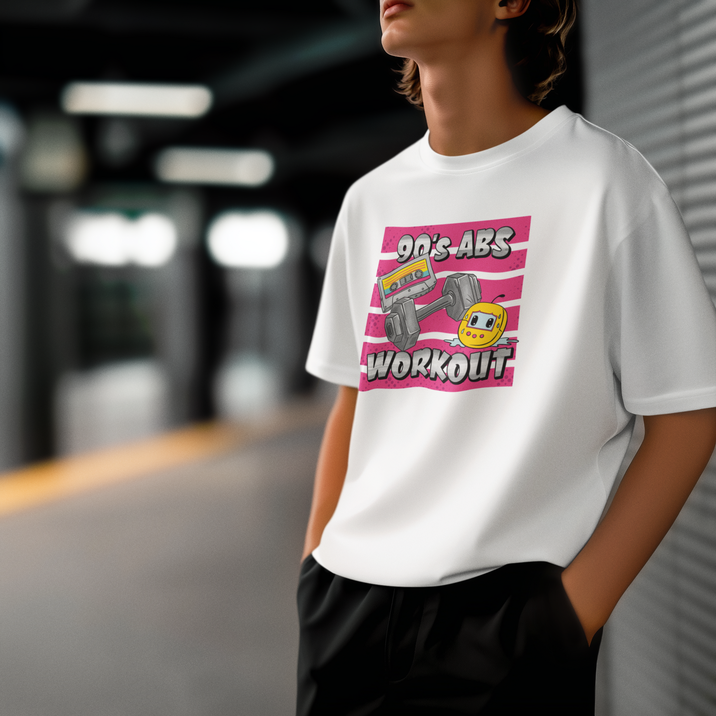 90’s Abs Workout – Mizahi 90’lar PopArt Tişört | Oversize | Retro Fitness Esintili Tasarım