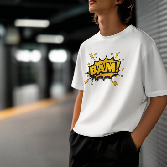 BAM! – Sarı Çizgi Roman Efekti PopArt Tişört | Oversize Eğlenceli ve Enerjik Tasarım
