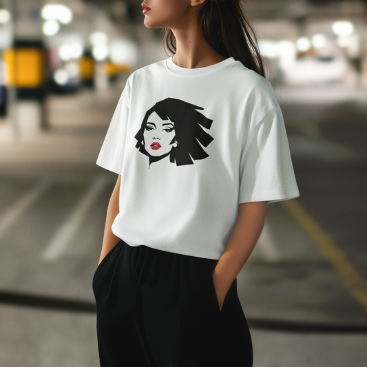 Crimson Whisper – Gizemli Kadın PopArt Oversize Tişört | Retro Minimal Stil