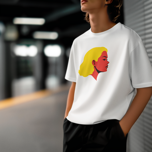 Golden Muse – Sarı Saçlı PopArt Kadın Tişört | Oversize | Retro Glam Stil