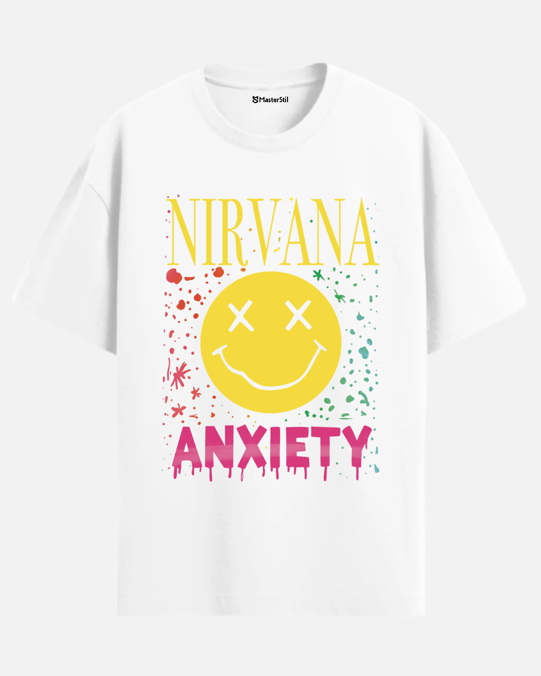 Nirvana Anxiety – Grunge İronisi PopArt Tişört Oversize | Ruh Hâli Tasarımı