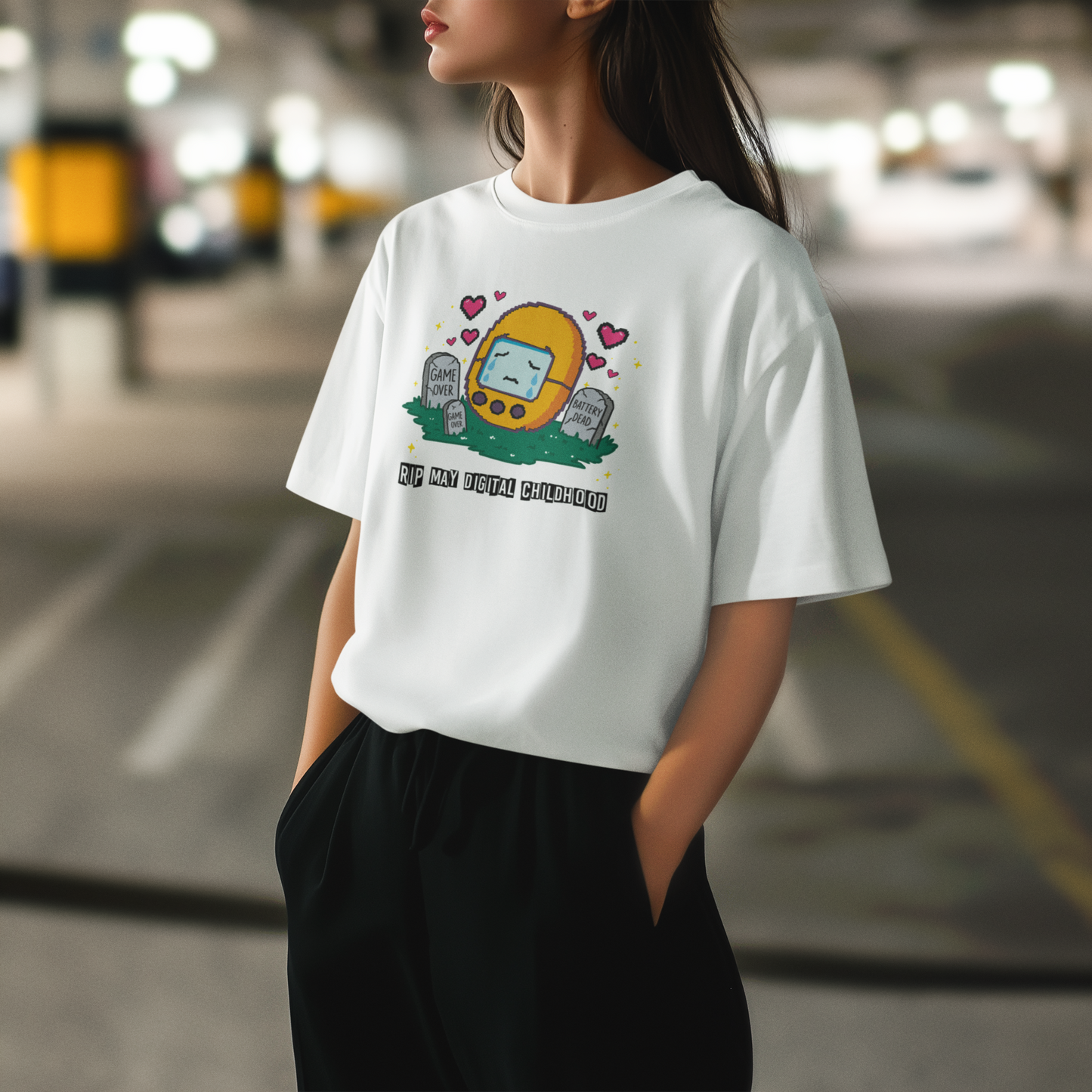 Pixel Goodbye – Humorous PopArt T-Shirt in Memory of a Digital Pet | Oversized Unisex Retro Farewell Design