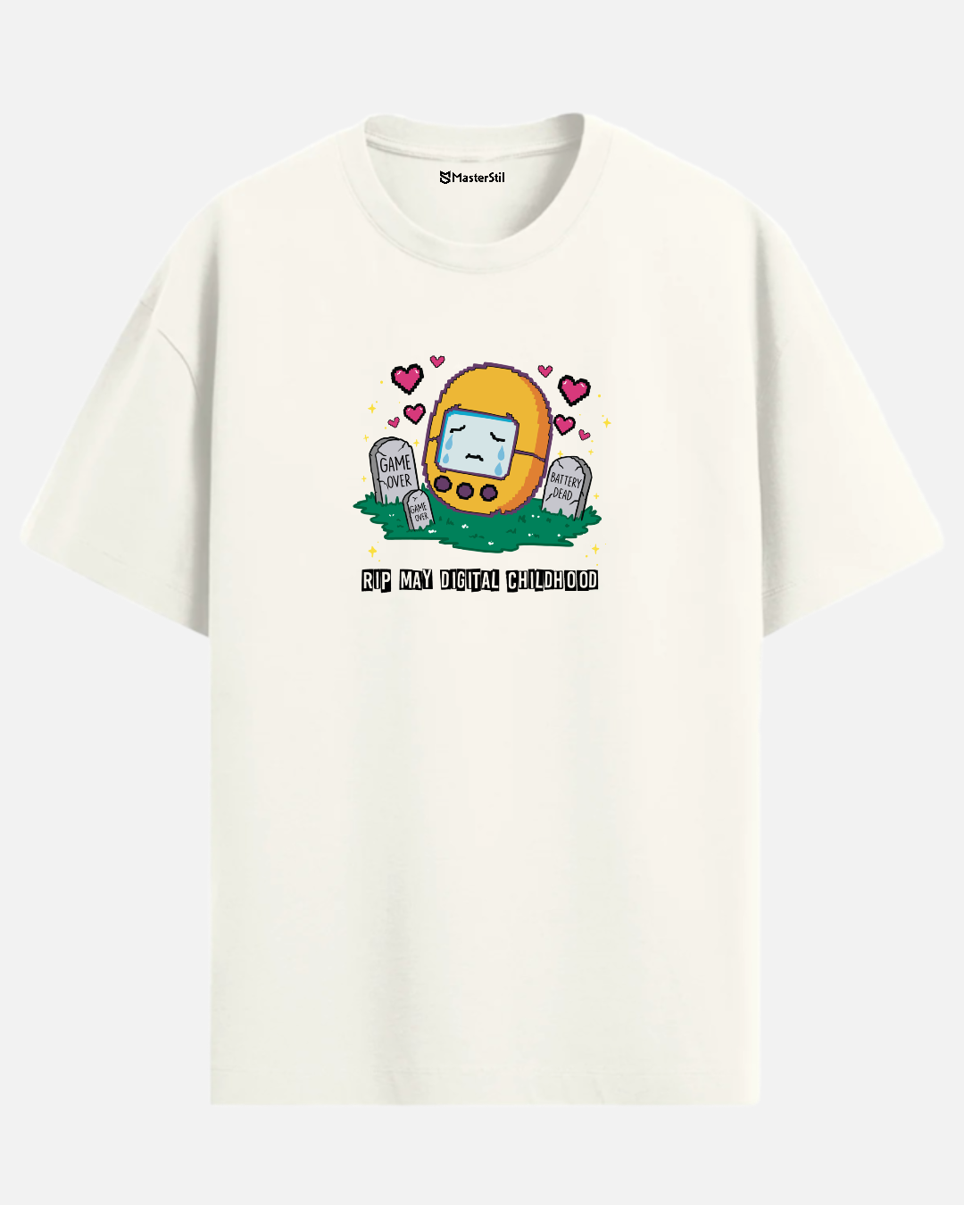 Pixel Goodbye – Humorous PopArt T-Shirt in Memory of a Digital Pet | Oversized Unisex Retro Farewell Design