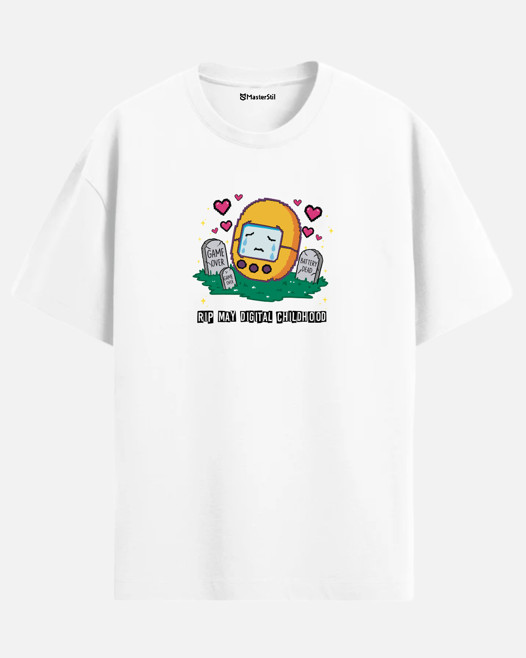 Pixel Goodbye – Humorous PopArt T-Shirt in Memory of a Digital Pet | Oversized Unisex Retro Farewell Design