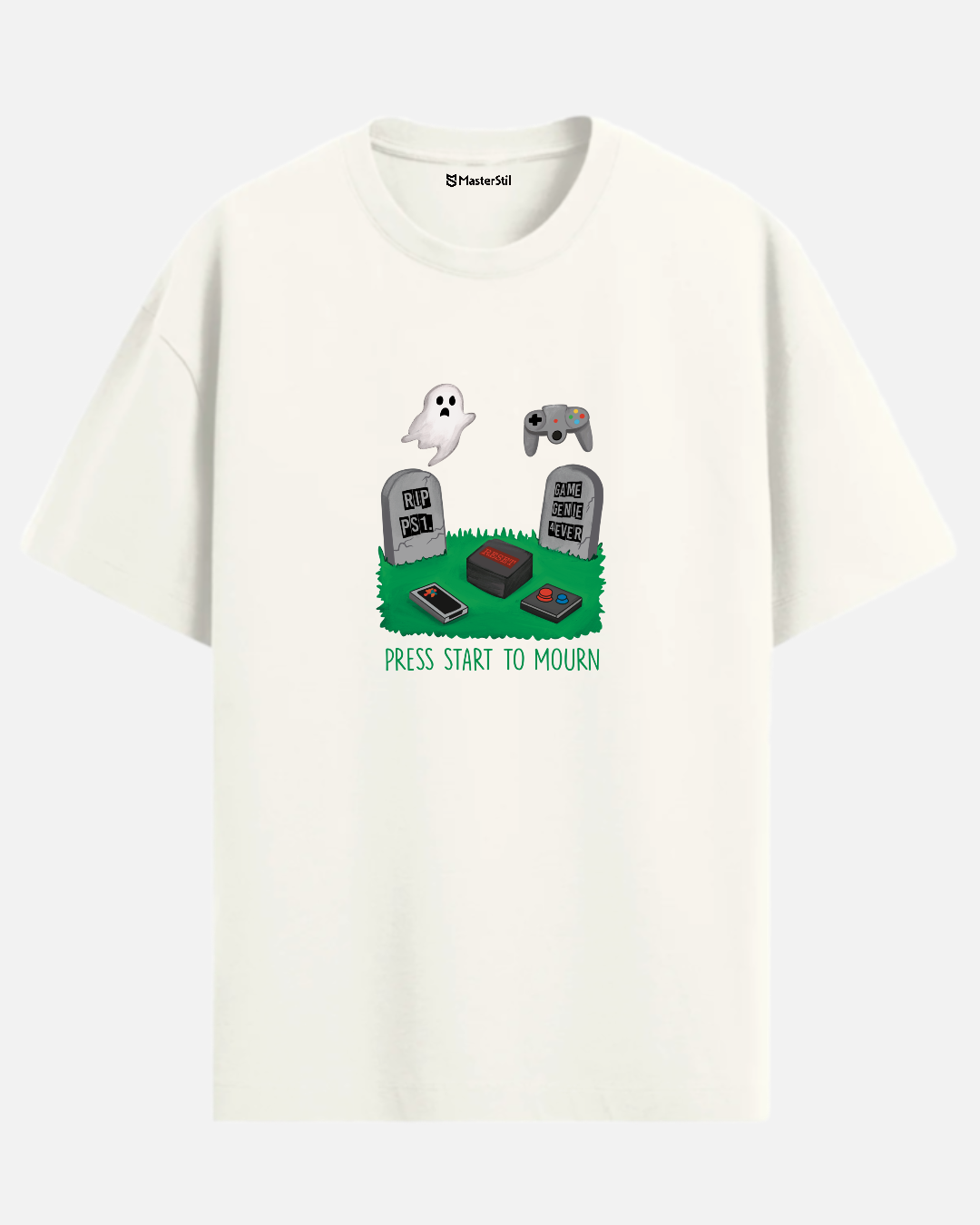 Press Start to Mourn – Retro Oyun Mezarlığı PopArt Tişört | Oversize | Mizahi ve Anlamlı Unisex Tasarım