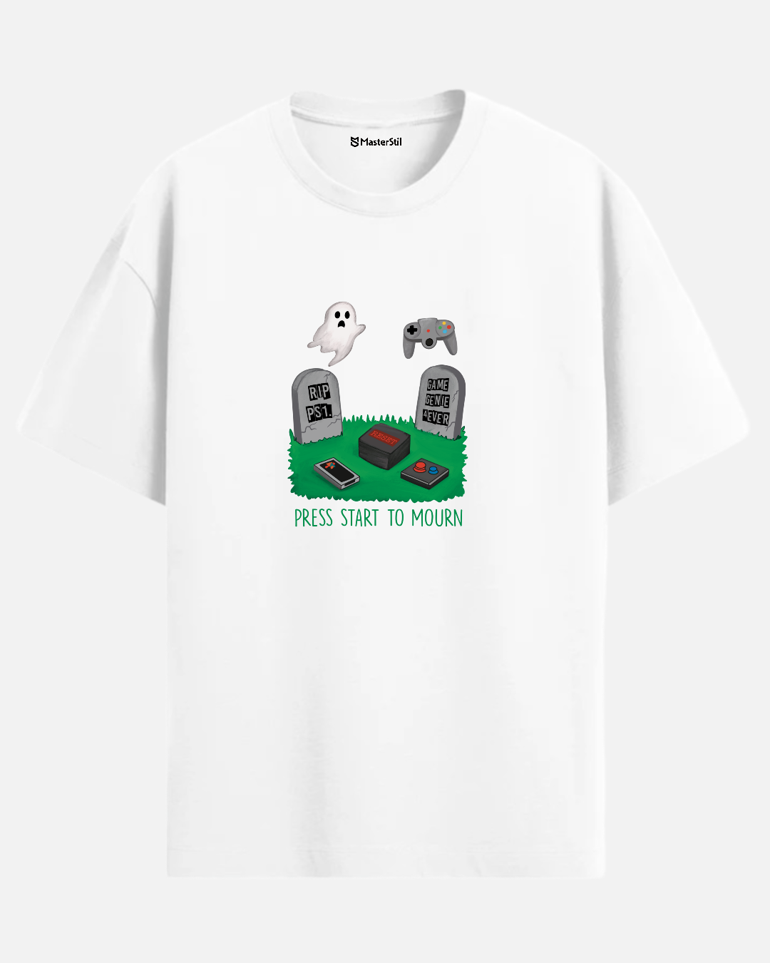 Press Start to Mourn – Retro Oyun Mezarlığı PopArt Tişört | Oversize | Mizahi ve Anlamlı Unisex Tasarım