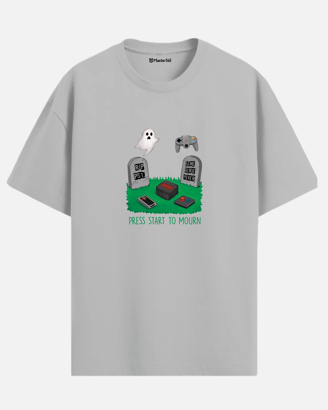 Press Start to Mourn – Retro Oyun Mezarlığı PopArt Tişört | Oversize | Mizahi ve Anlamlı Unisex Tasarım