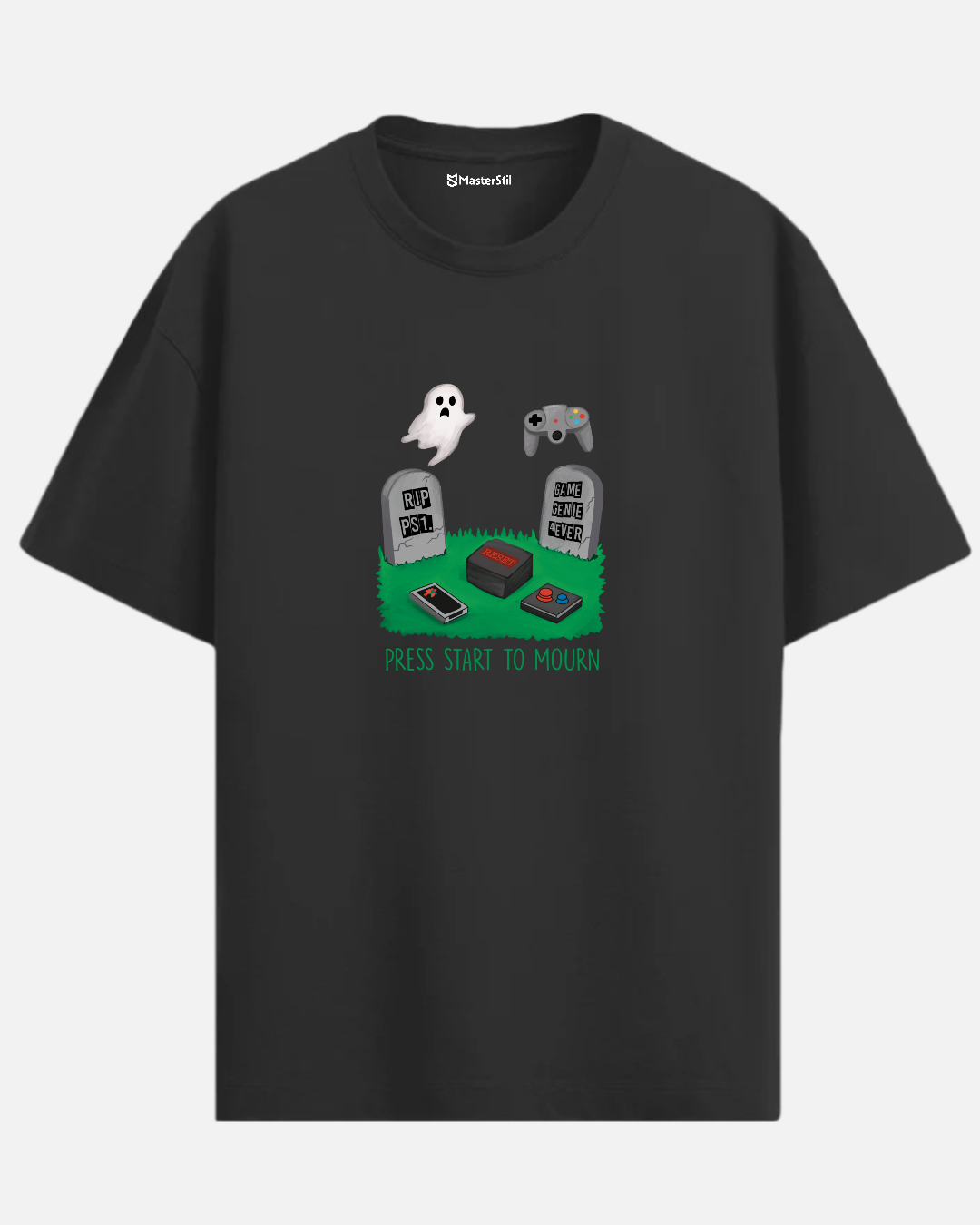 Press Start to Mourn – Retro Oyun Mezarlığı PopArt Tişört | Oversize | Mizahi ve Anlamlı Unisex Tasarım