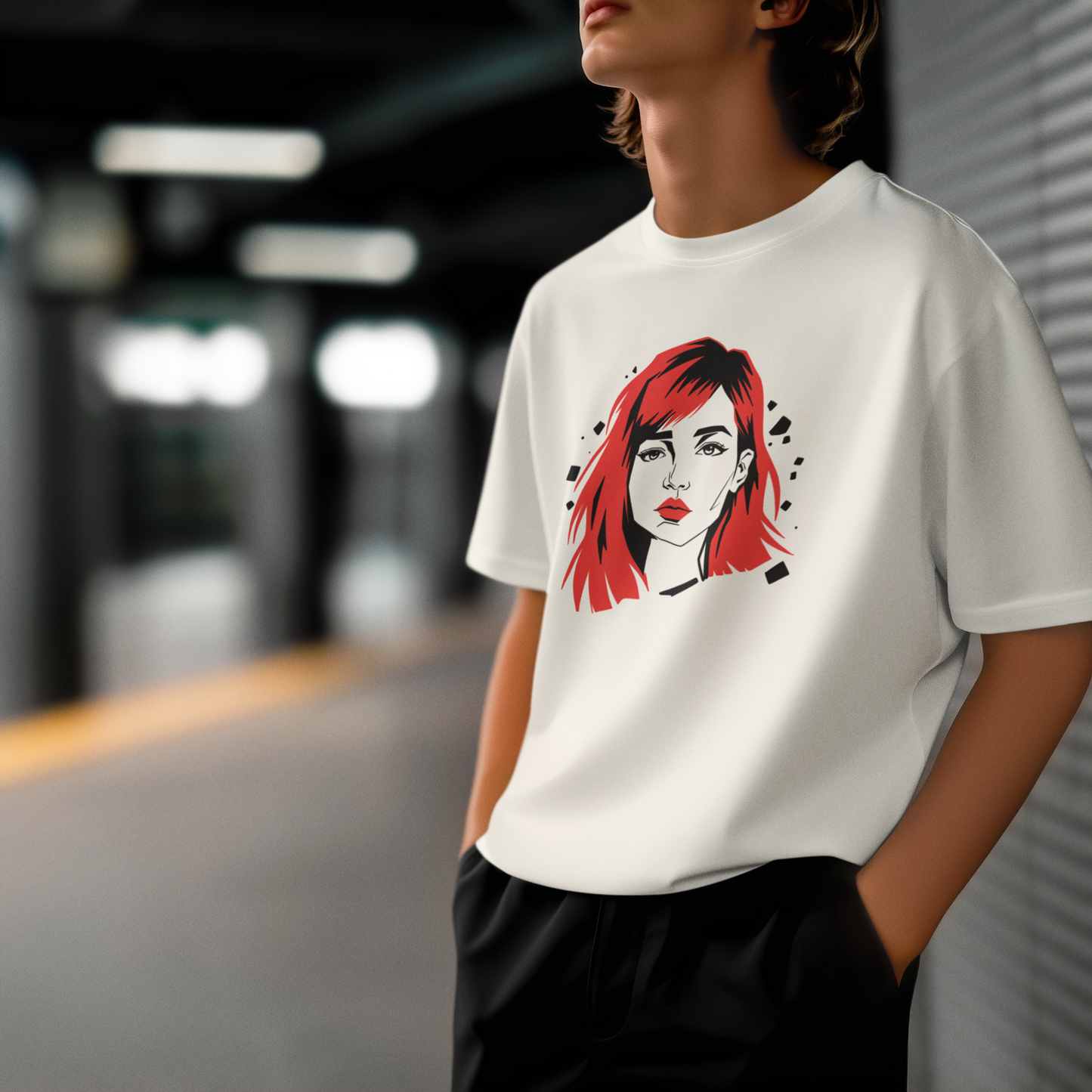Rebel Flame – Kırmızı Saçlı PopArt Kadın Tişört | Oversize | Sokak Stili