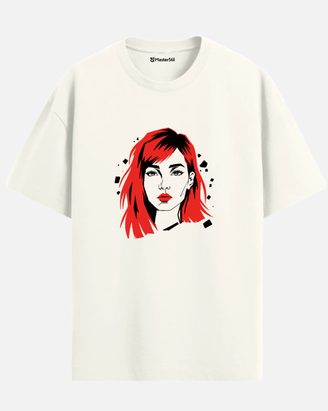 Rebel Flame – Kırmızı Saçlı PopArt Kadın Tişört | Oversize | Sokak Stili