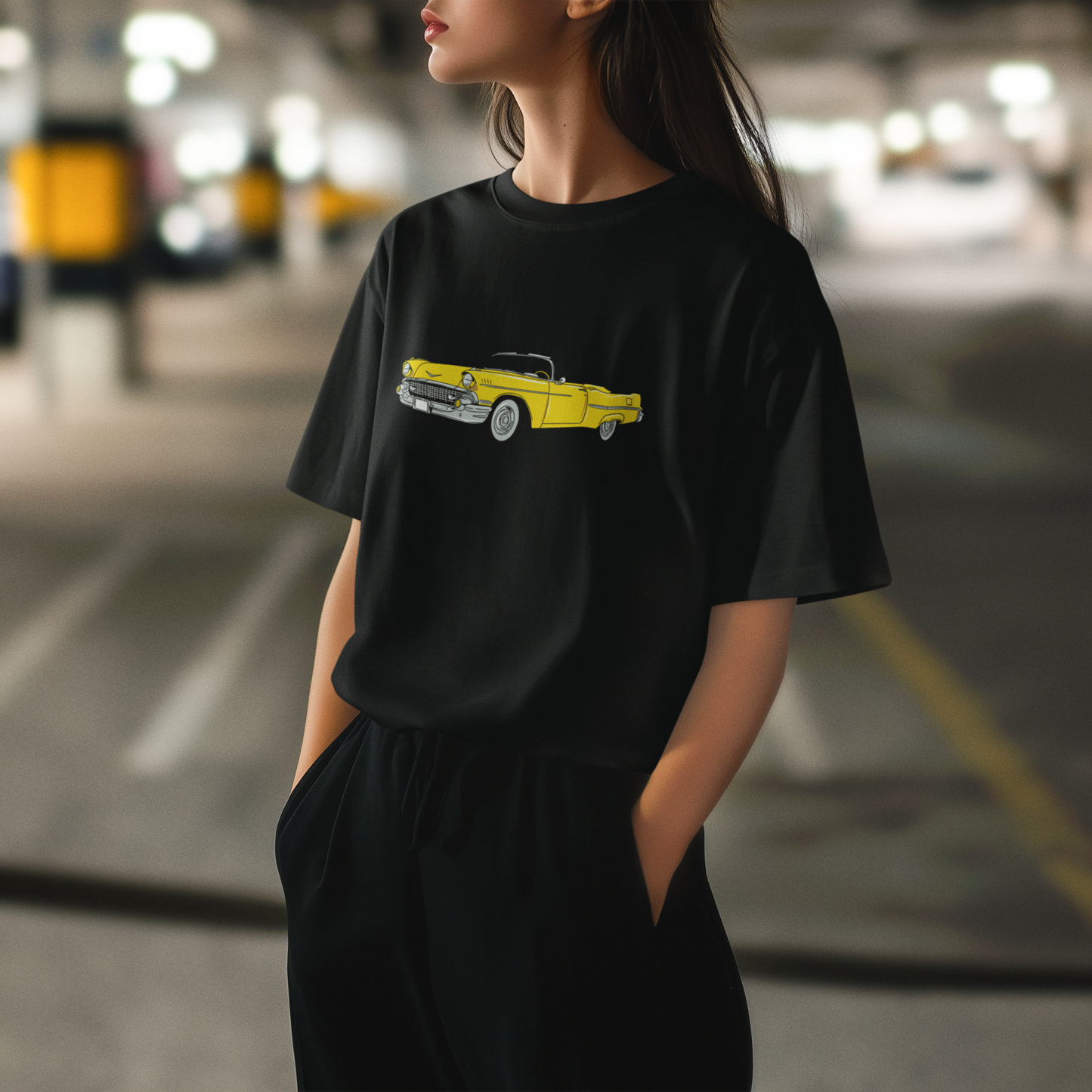 Sunset Rider – Sarı Klasik Araba PopArt Tişört | Oversize | Retro Drive-In Ruhu
