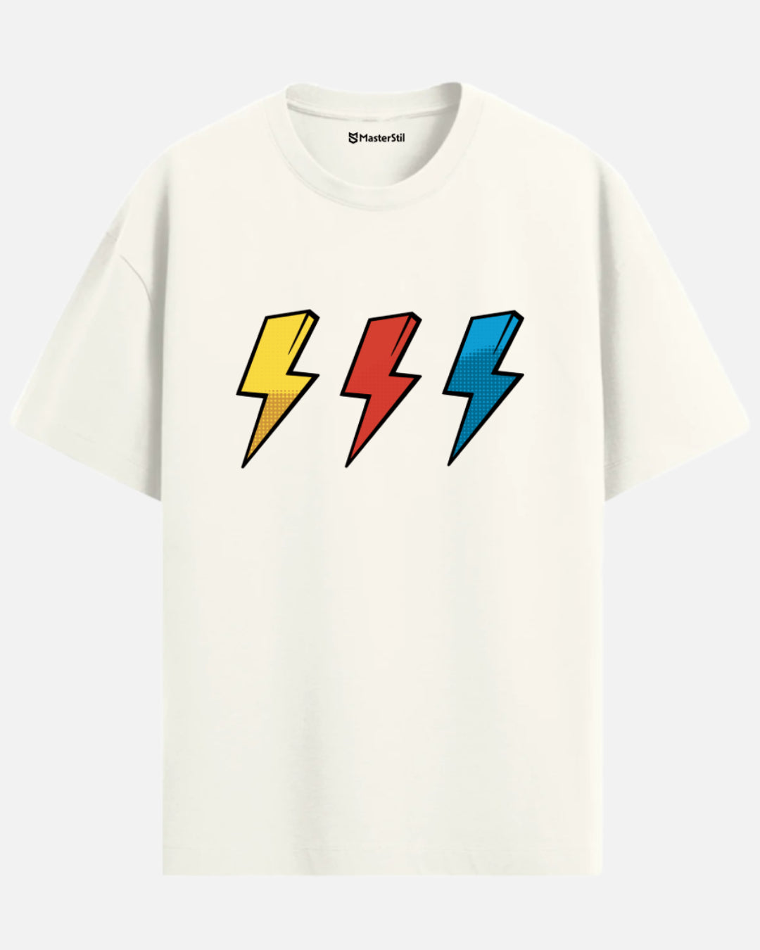 Thunder Trio – Renkli Şimşek PopArt Tişört | Oversize | Enerjik Unisex Stil