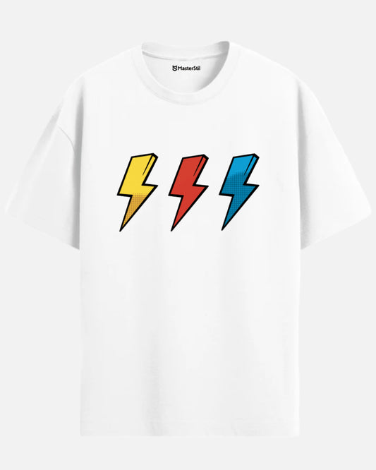 Thunder Trio – Renkli Şimşek PopArt Tişört | Oversize Enerjik Unisex Stil