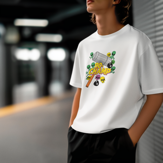 90’s Champ – Retro Oyun Temalı Uzaylı Tokatlayan PopArt Tişört | Oversize Eğlenceli Unisex Tasarım