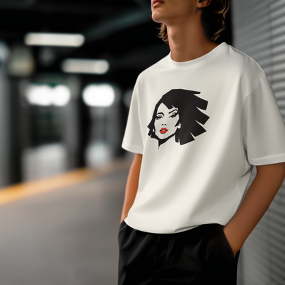 Crimson Whisper – Mysterious Woman PopArt Oversize T-Shirt | Retro Minimal Style