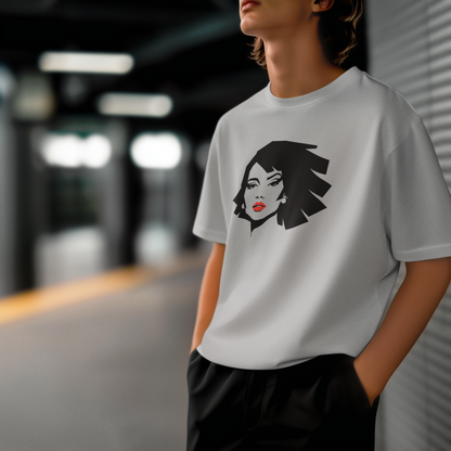 Crimson Whisper – Mysterious Woman PopArt Oversize T-Shirt | Retro Minimal Style