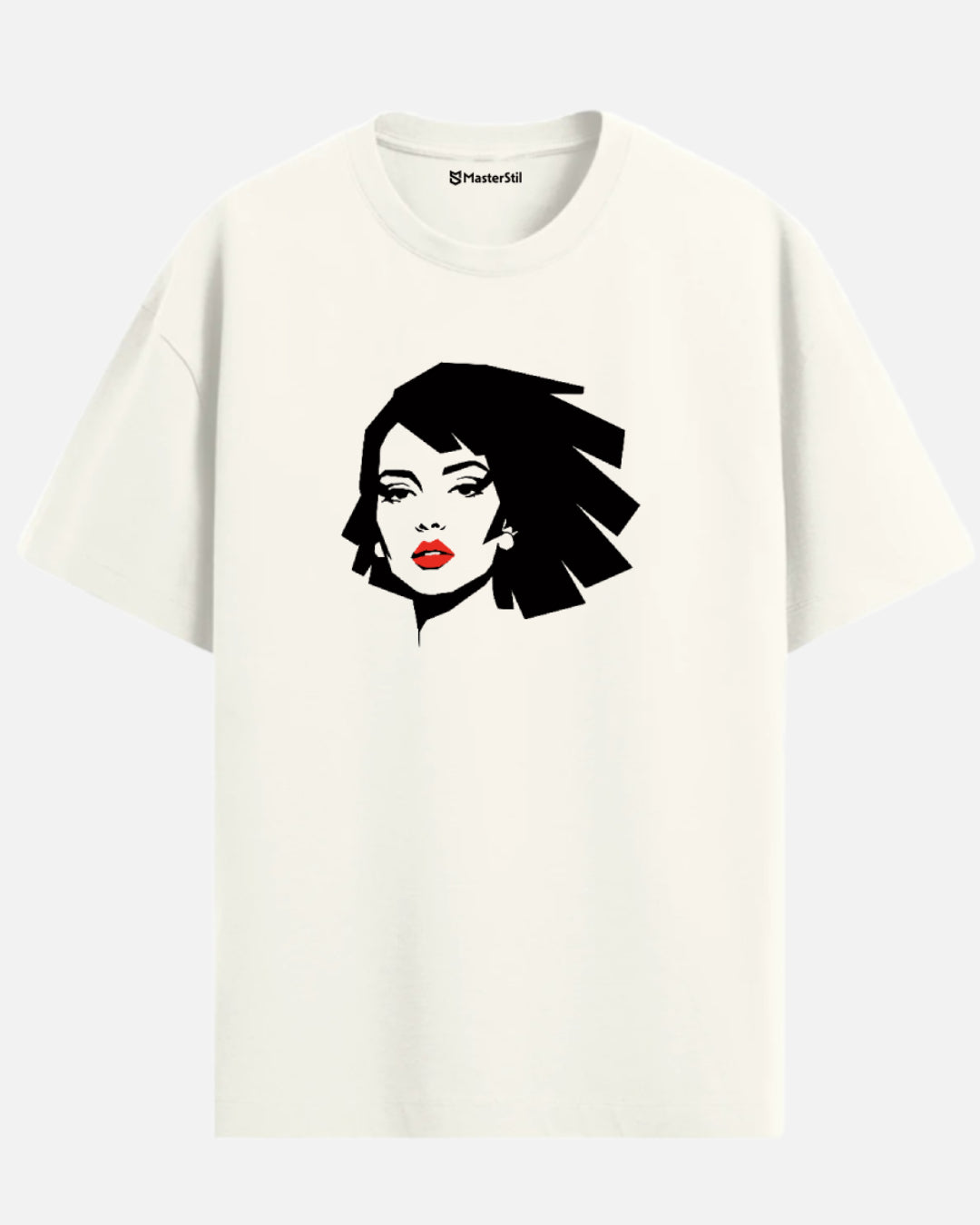Crimson Whisper – Mysterious Woman PopArt Oversize T-Shirt | Retro Minimal Style