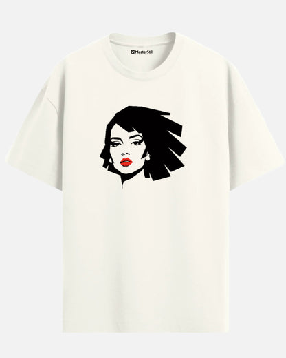 Crimson Whisper – Mysterious Woman PopArt Oversize T-Shirt | Retro Minimal Style