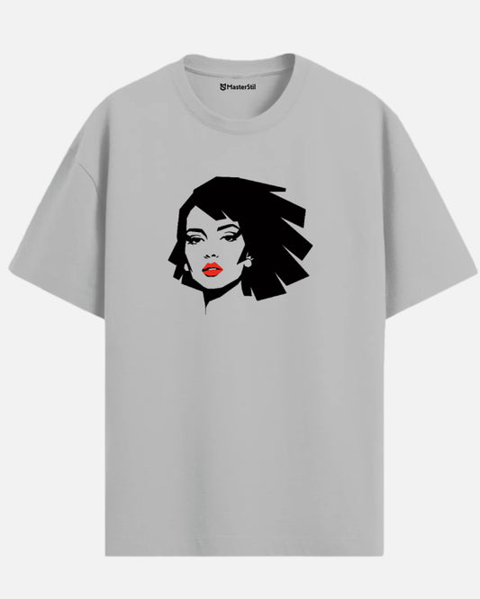 Crimson Whisper – Mysterious Woman PopArt Oversize T-Shirt | Retro Minimal Style