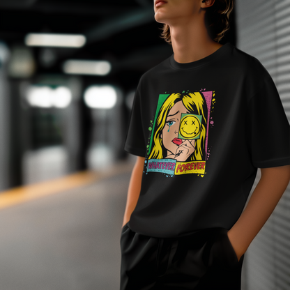 Fake Happy – Crying While Smiling PopArt Humorous T-Shirt Oversize Unisex