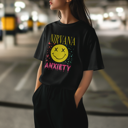 Nirvana Anxiety – Grunge İronisi PopArt Tişört Oversize | Ruh Hâli Tasarımı