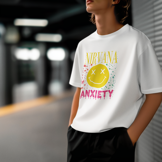 Nirvana Anxiety – Grunge İronisi PopArt Tişört | Oversize | Ruh Hâli Tasarımı