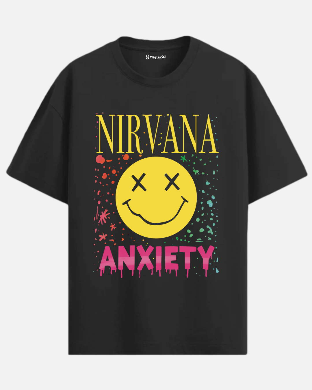 Nirvana Anxiety – Grunge İronisi PopArt Tişört Oversize | Ruh Hâli Tasarımı