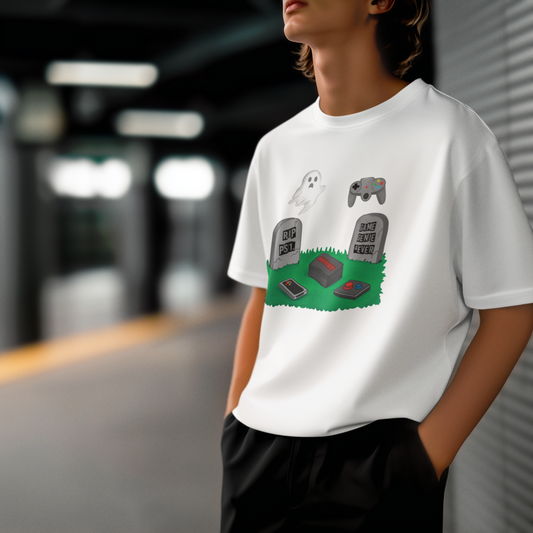 Press Start to Mourn – Retro Gaming Graveyard PopArt T-Shirt Oversize | Humorous and Meaningful Unisex Design