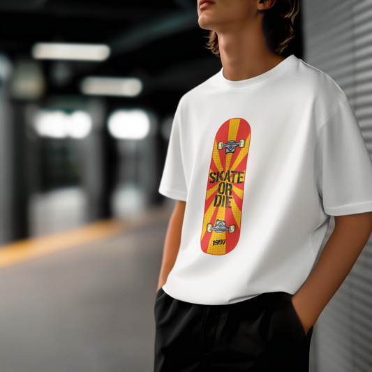 Skate or Die 1997 – Retro Kaykay Ruhu PopArt Tişört Oversize %100 Pamuk | Unisex Streetwear Stil