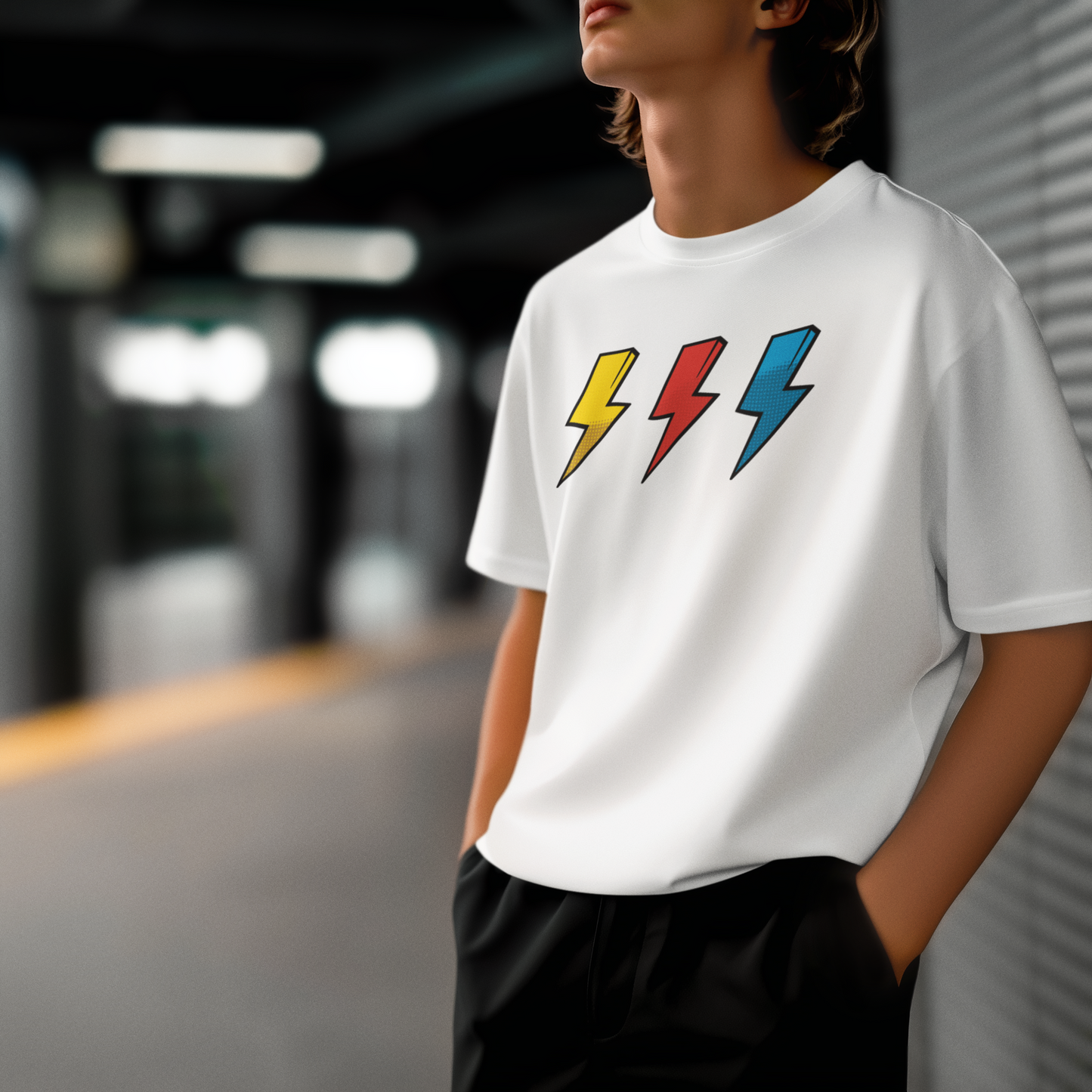 Thunder Trio – Renkli Şimşek PopArt Tişört | Oversize | Enerjik Unisex Stil